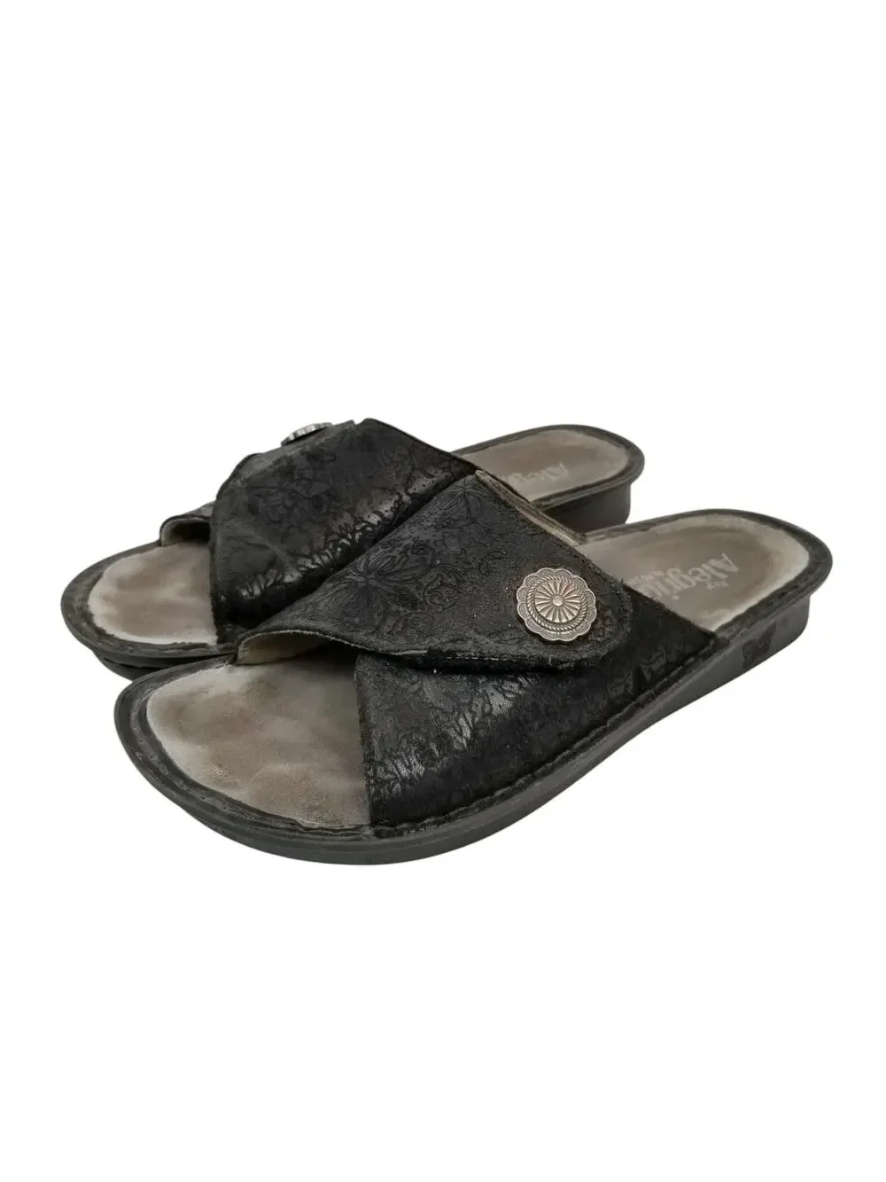 Alegria VIV-878 Black Embossed Leather Slides Sandals Black Size 40 / US 9.5